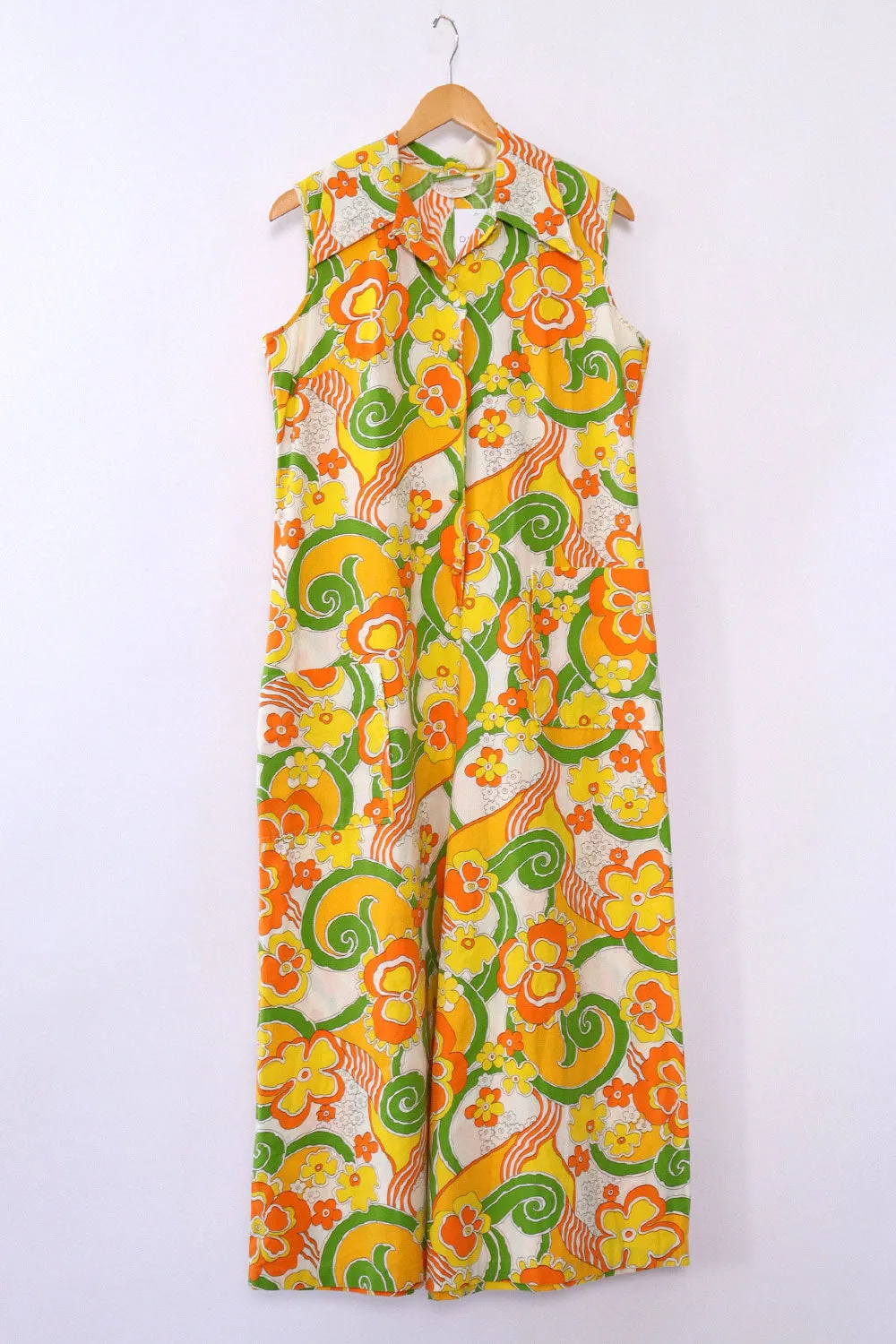 1960s Psychedelic Citrus Dagger Collar Jumpsuit M/L