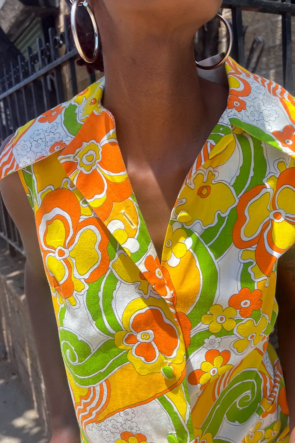 1960s Psychedelic Citrus Dagger Collar Jumpsuit M/L