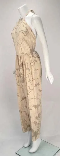 1970s Stephen Burrows Silk Cream and Light Brown Halter Jumpsuit