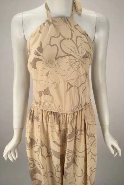 1970s Stephen Burrows Silk Cream and Light Brown Halter Jumpsuit