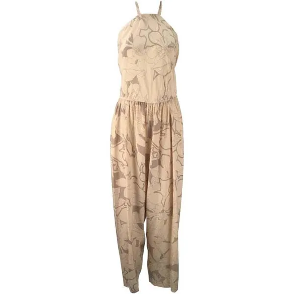 1970s Stephen Burrows Silk Cream and Light Brown Halter Jumpsuit