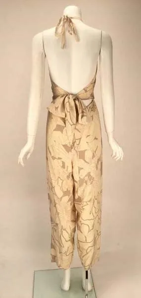 1970s Stephen Burrows Silk Cream and Light Brown Halter Jumpsuit