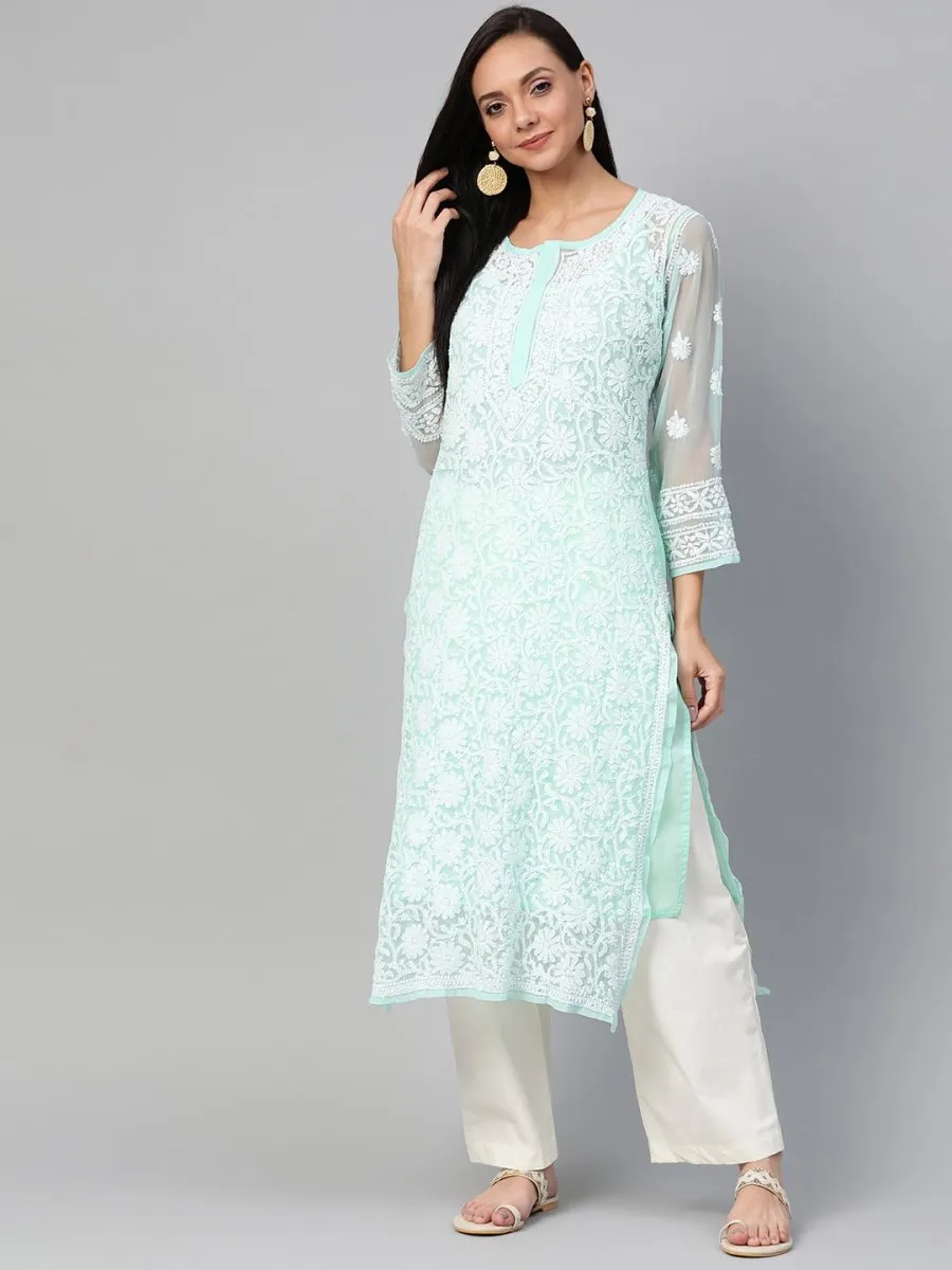 ADA Women Sea Green & White Chikankari Hand Embroidered Straight Sustainable Handloom Kurta