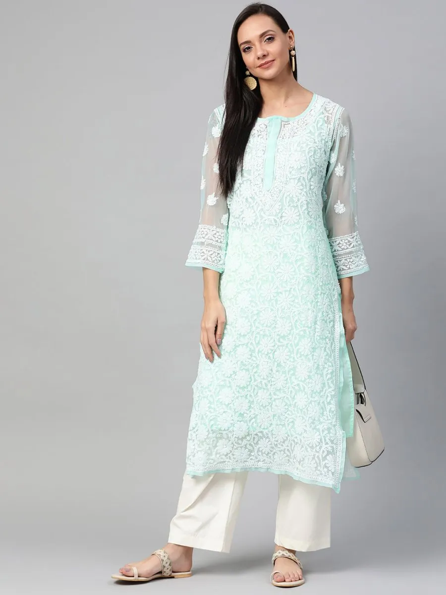 ADA Women Sea Green & White Chikankari Hand Embroidered Straight Sustainable Handloom Kurta