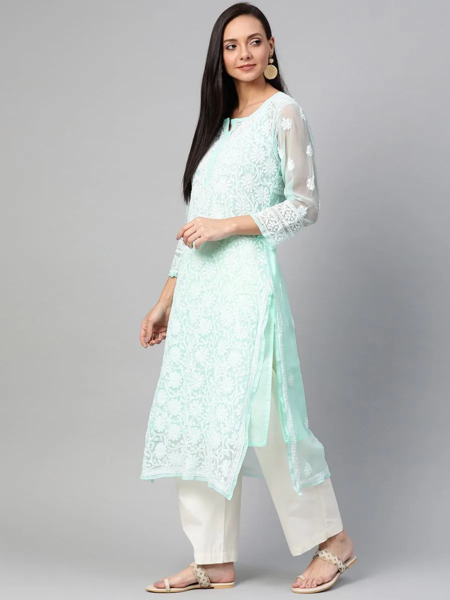 ADA Women Sea Green & White Chikankari Hand Embroidered Straight Sustainable Handloom Kurta