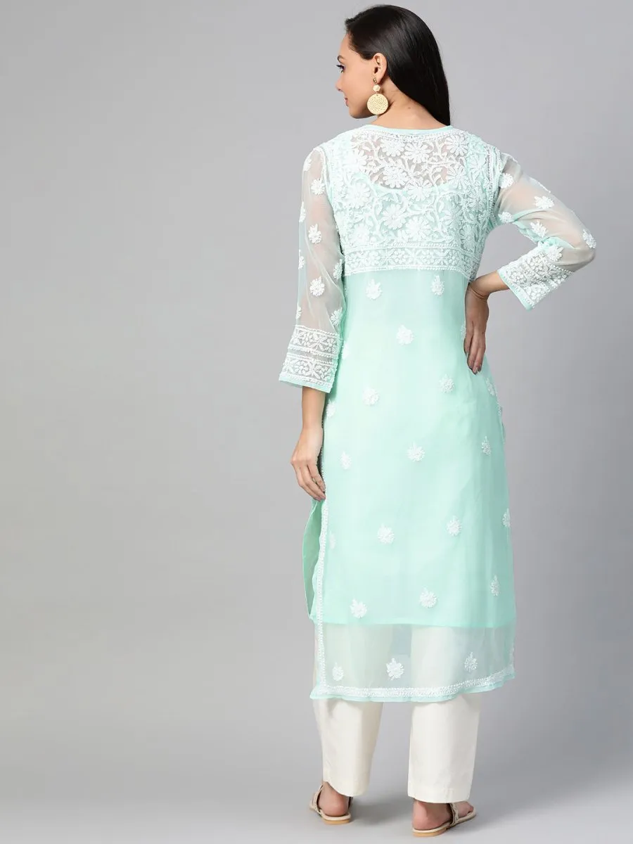 ADA Women Sea Green & White Chikankari Hand Embroidered Straight Sustainable Handloom Kurta