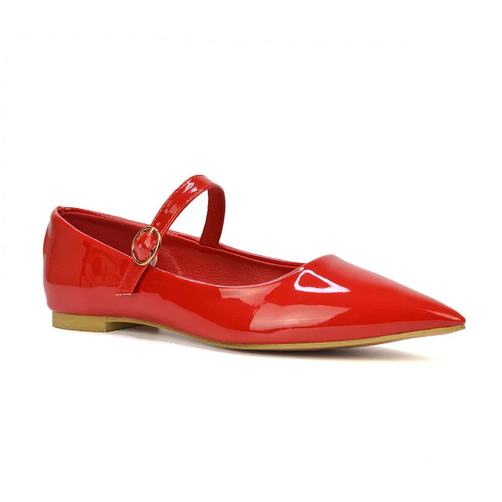 Aimee Pointed Toe Strappy Ballerina Pump Flat Shoes in Red Patent