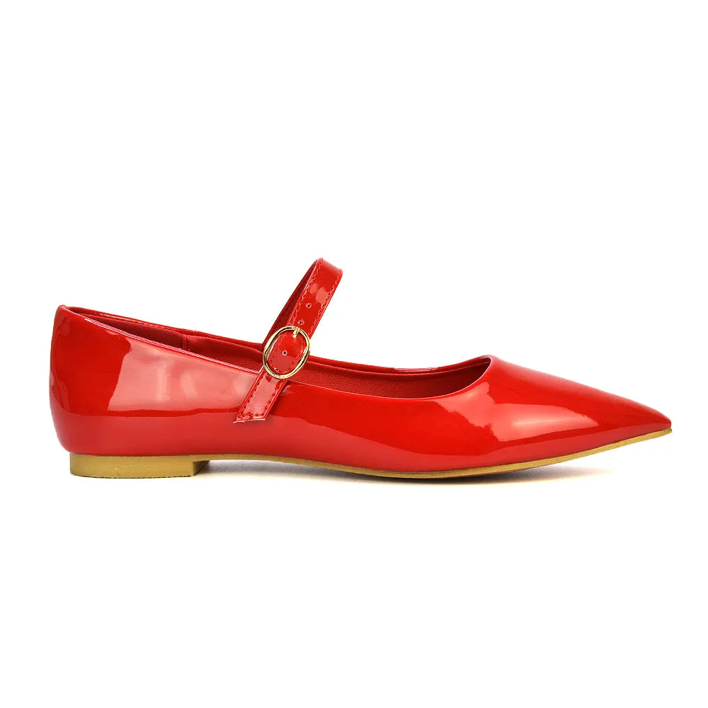 Aimee Pointed Toe Strappy Ballerina Pump Flat Shoes in Red Patent