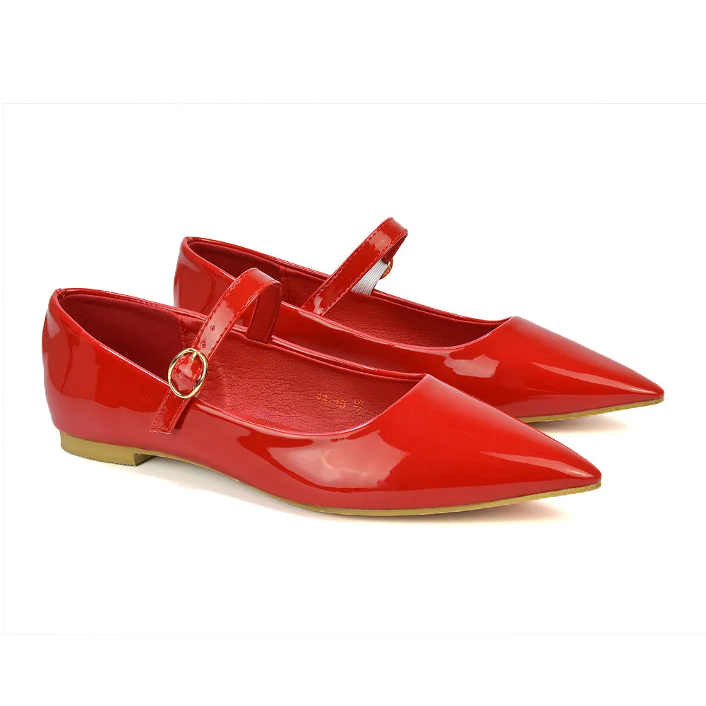 Aimee Pointed Toe Strappy Ballerina Pump Flat Shoes in Red Patent