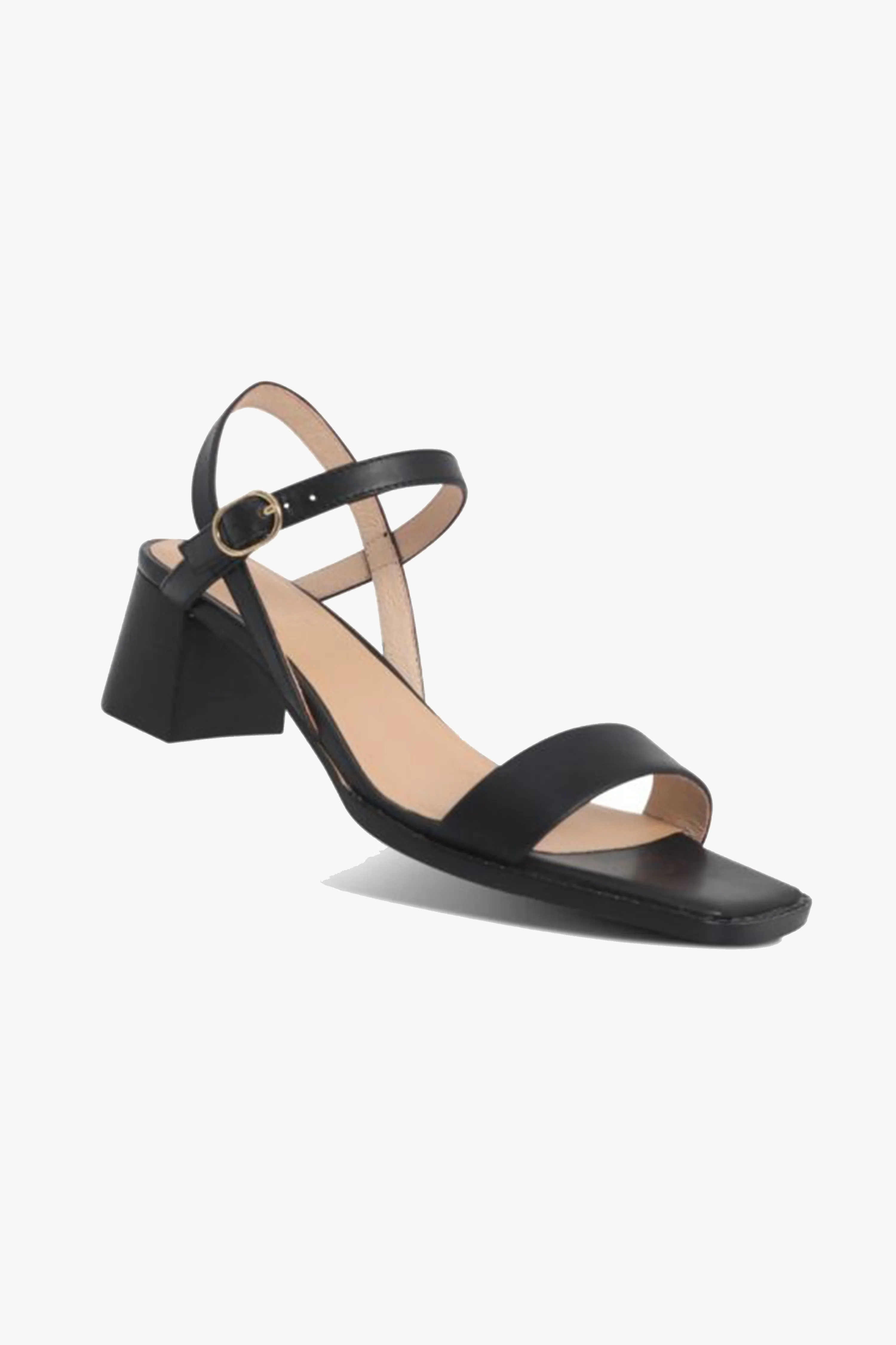 Alisia Black Square Toe Ankle Strap Mid Heel