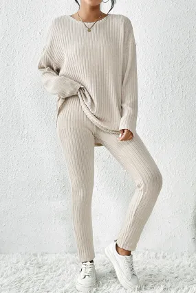 Apricot Ribbed Knit Lounge Set with Long Sleeve Top and Skinny Pants