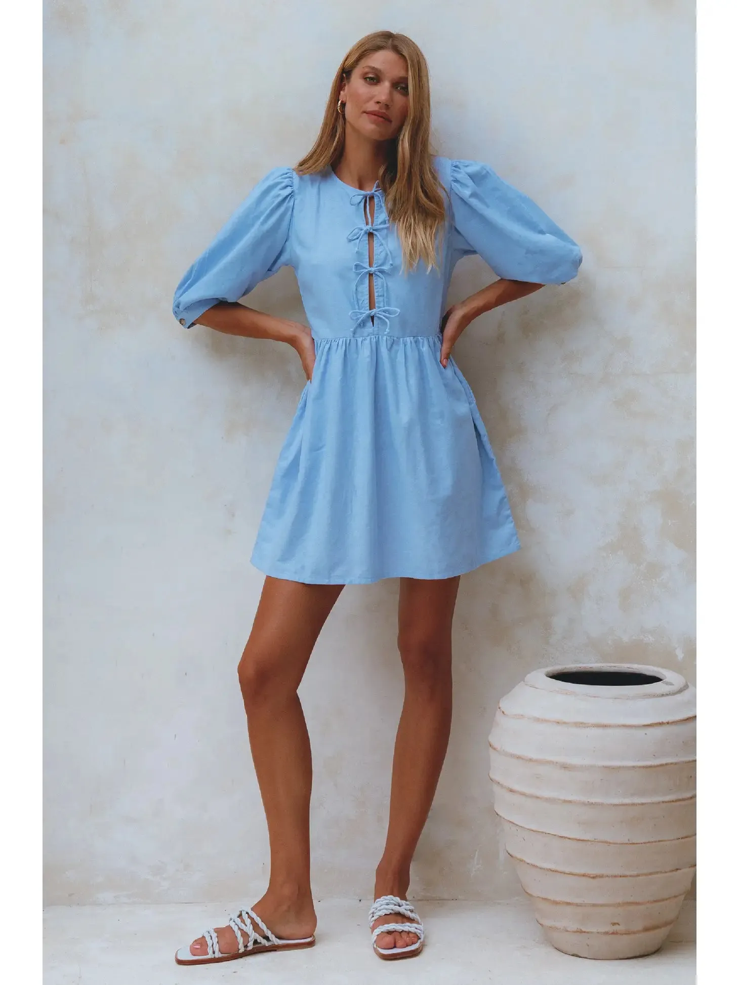 Beatrice Puff Sleeve Linen Mini Dress - Crystal Blue