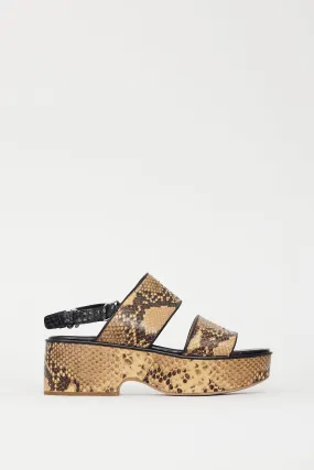 Beige & Brown Embossed Leather Platform Sandal