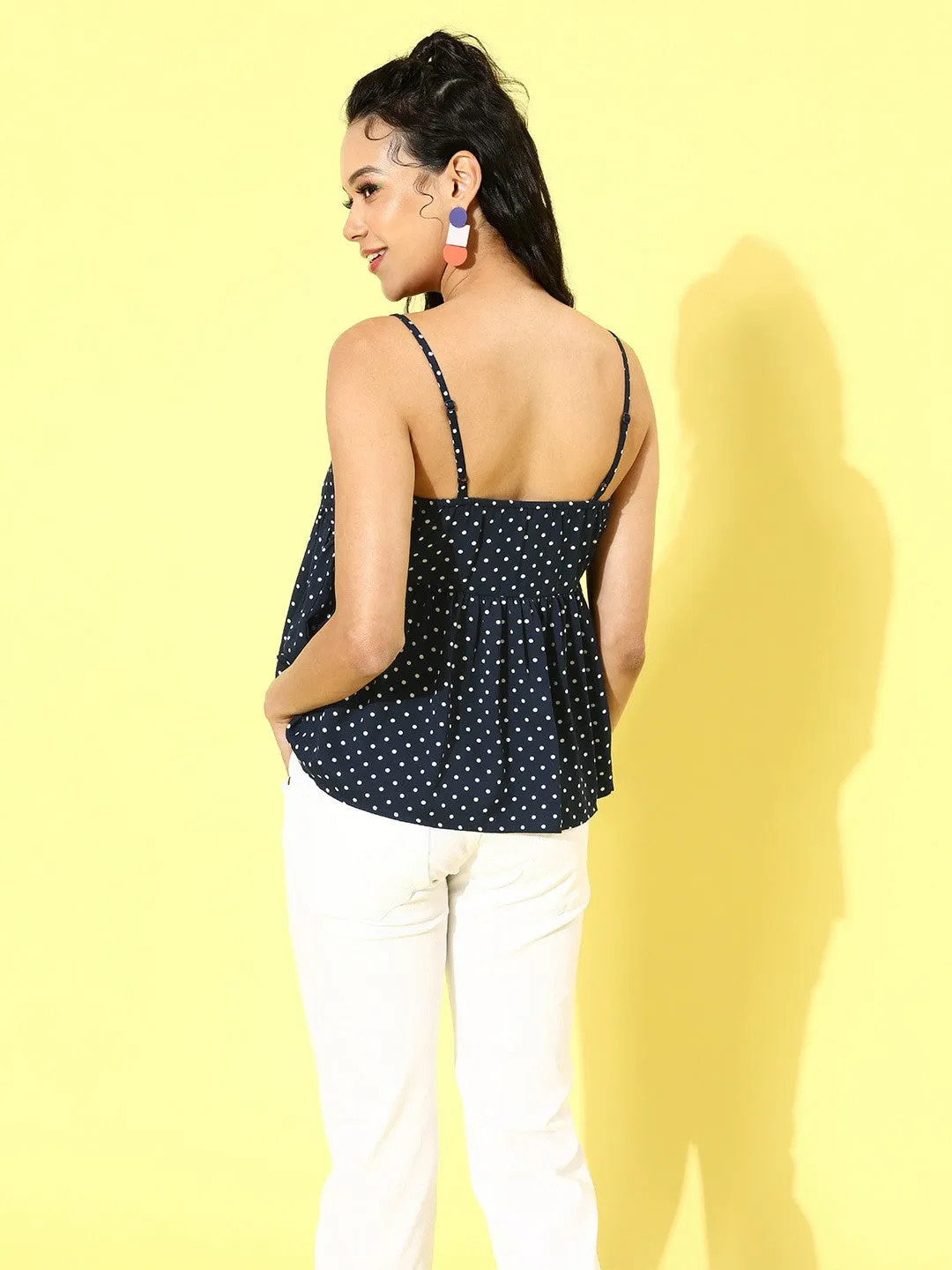 Berrylush Women Navy Blue Polka Dot Printed Crepe Peplum Top