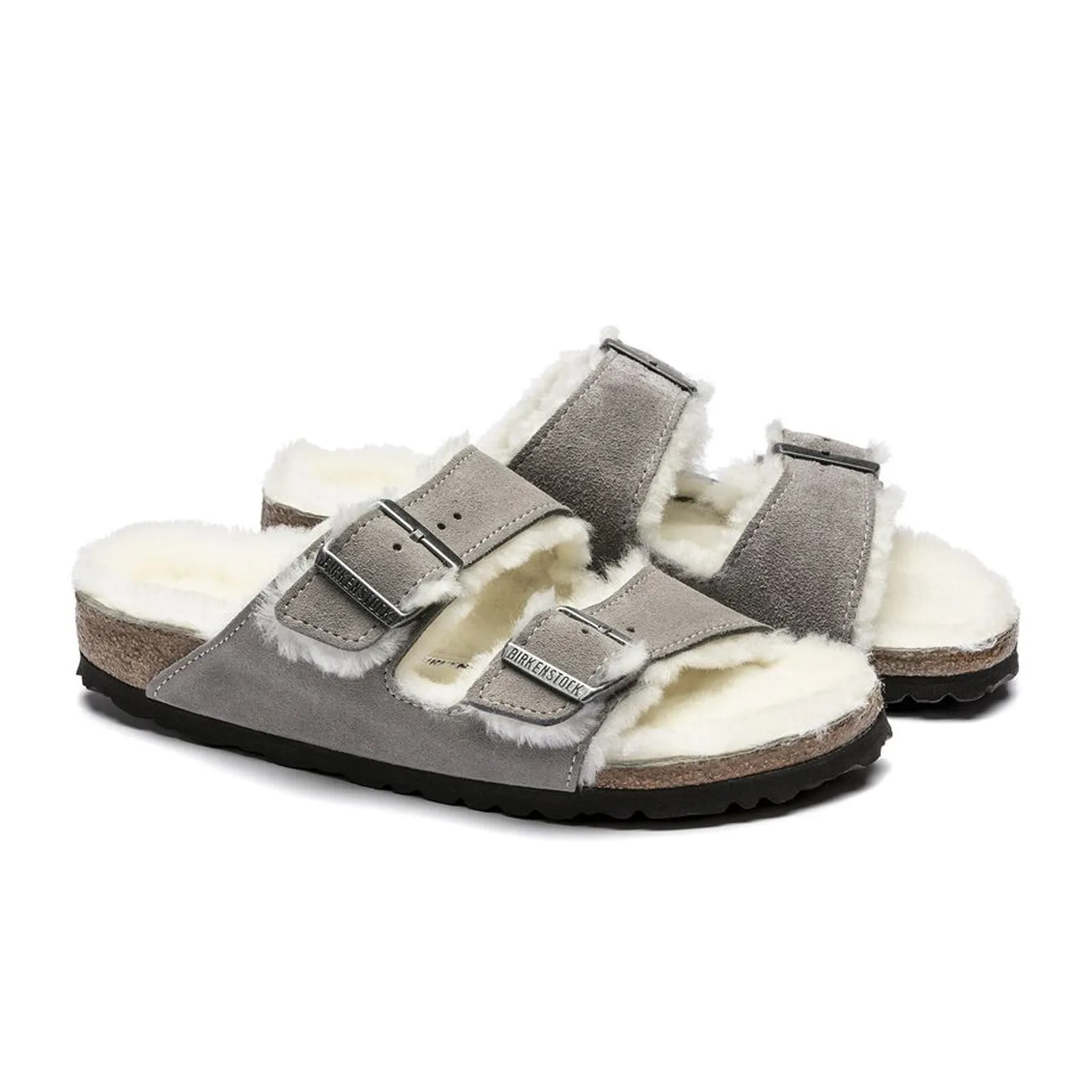 Birkenstock Arizona Slide Sandal (Women) - Stone Coin Suede/Natural Shearling