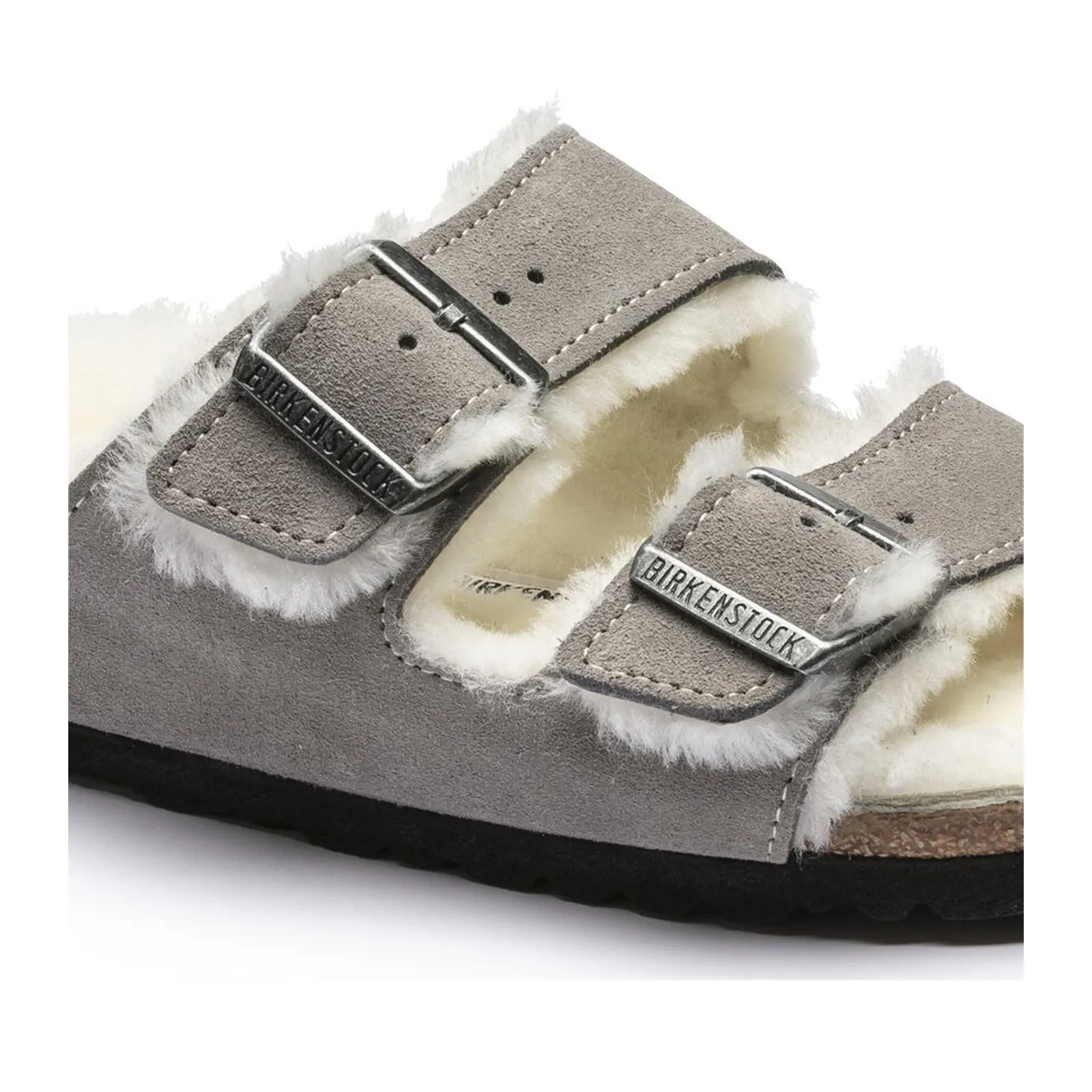 Birkenstock Arizona Slide Sandal (Women) - Stone Coin Suede/Natural Shearling