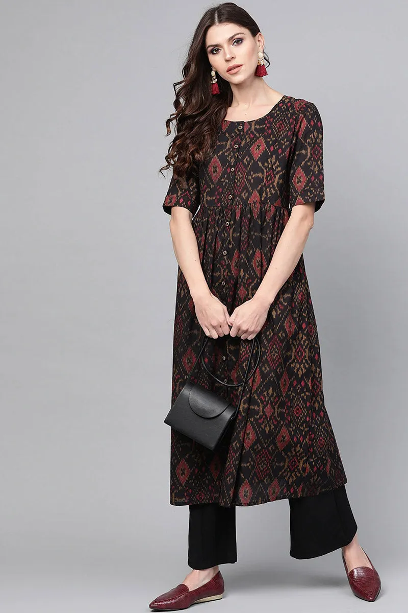 Black & Maroon Color Rayon Blend fabric Printed A-Line Kurta