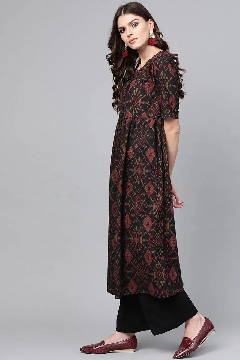 Black & Maroon Color Rayon Blend fabric Printed A-Line Kurta