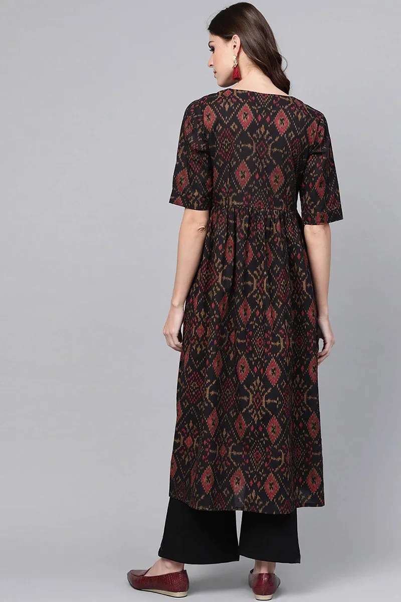 Black & Maroon Color Rayon Blend fabric Printed A-Line Kurta