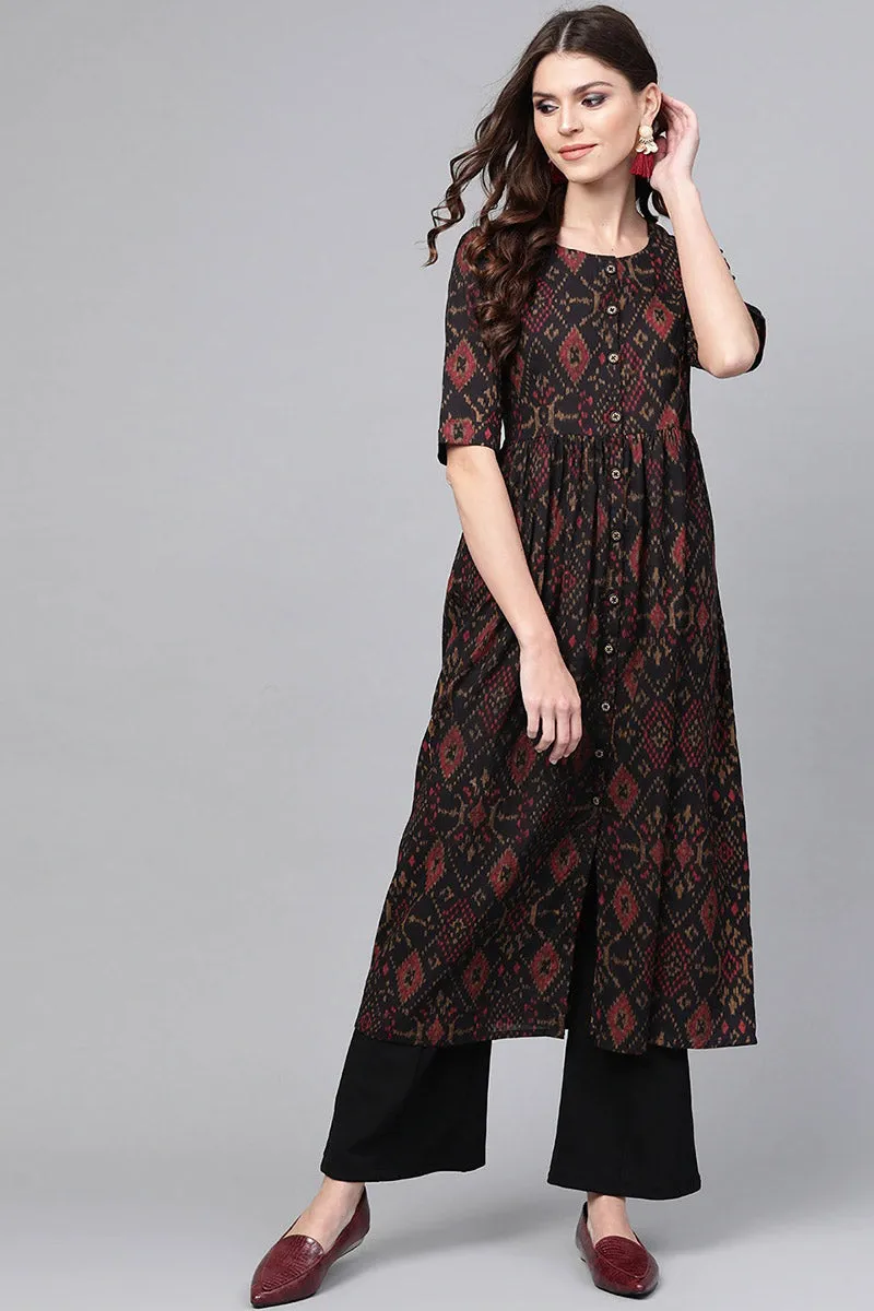 Black & Maroon Color Rayon Blend fabric Printed A-Line Kurta