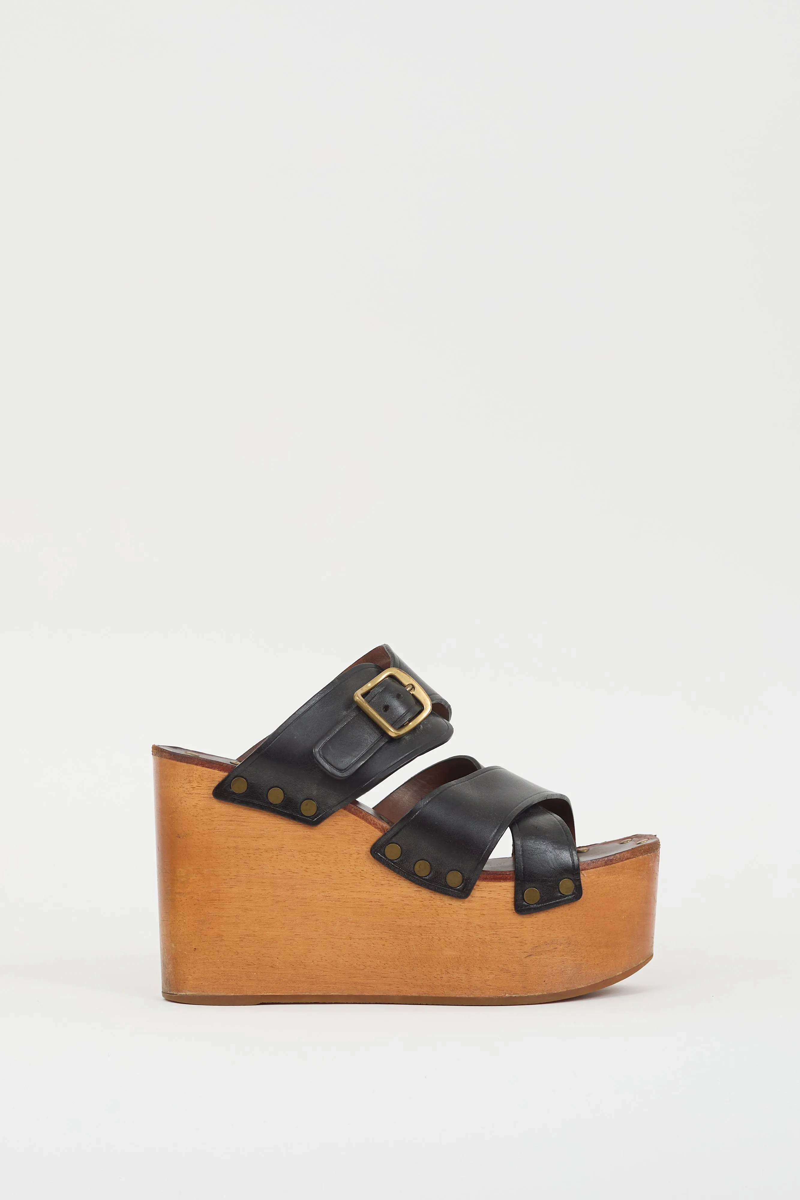 Black Leather & Brown Wooden Platform Wedge