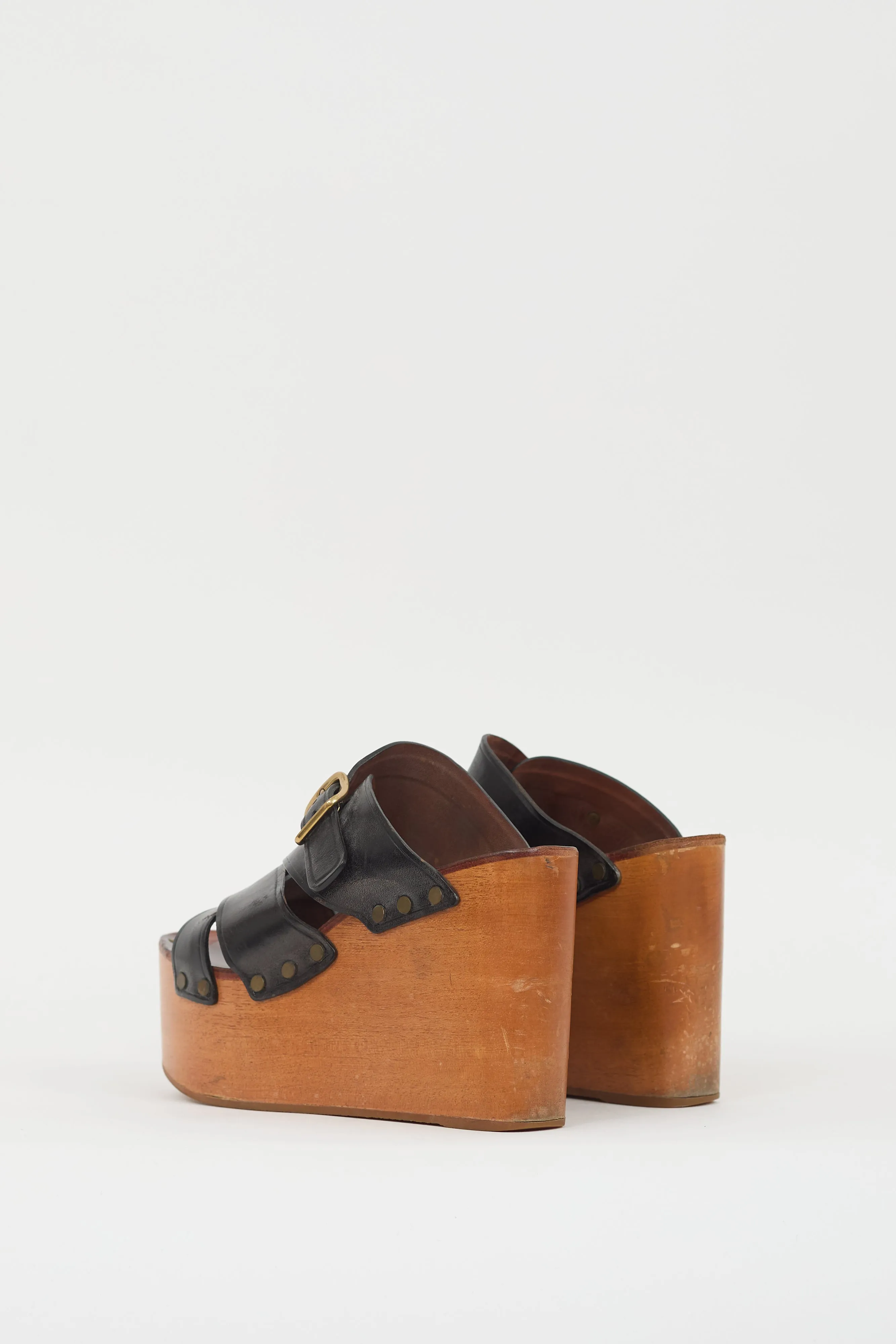 Black Leather & Brown Wooden Platform Wedge