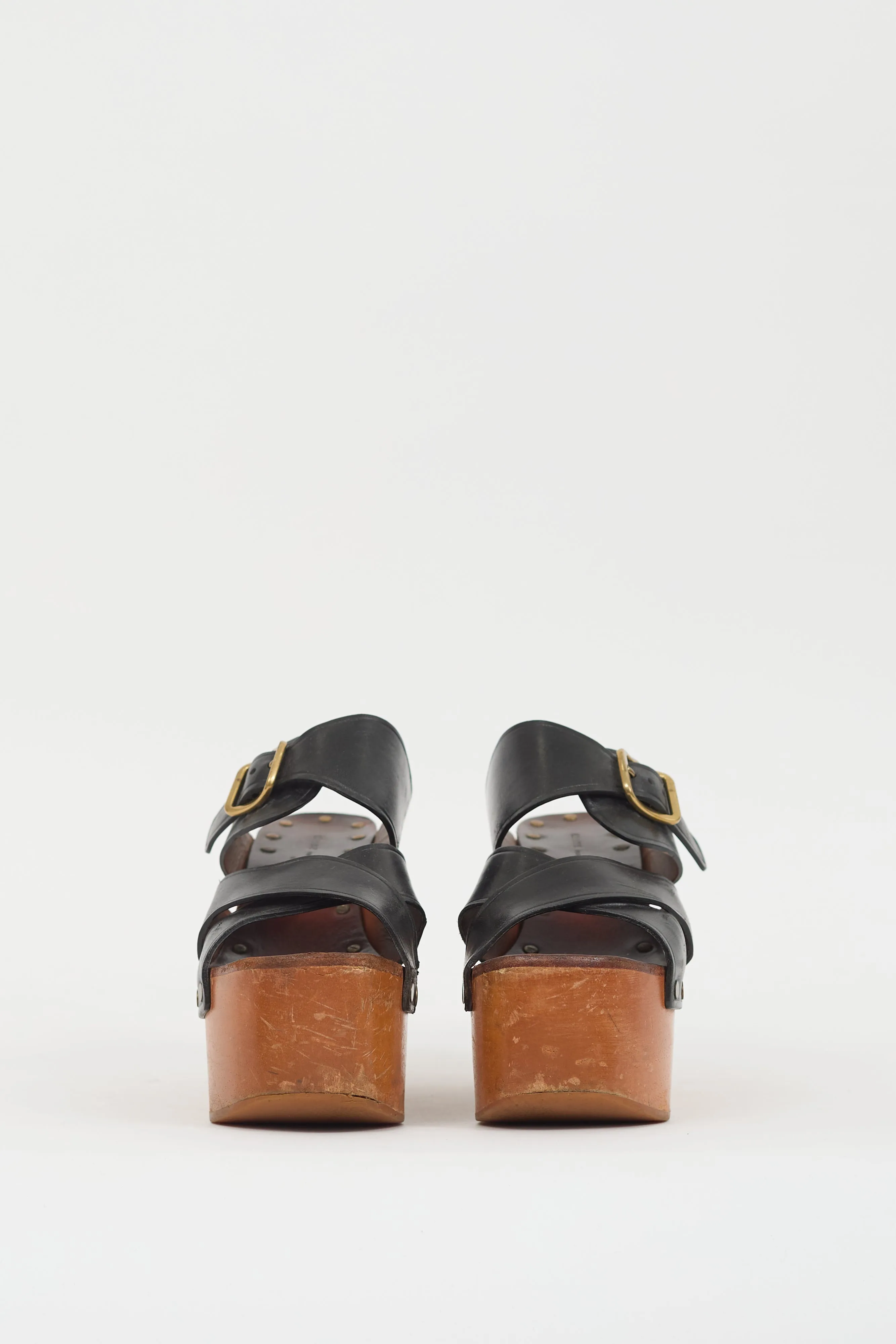 Black Leather & Brown Wooden Platform Wedge