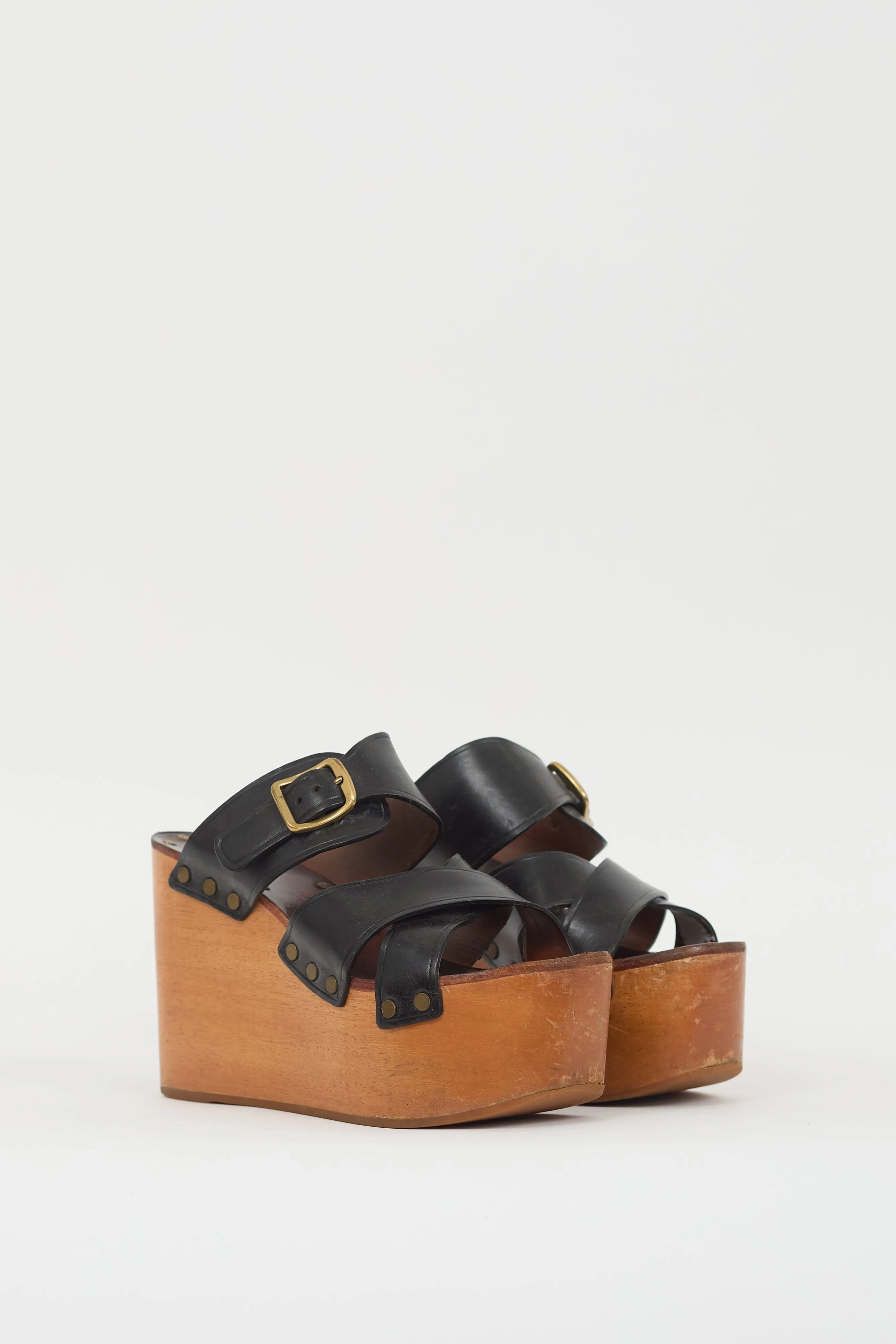 Black Leather & Brown Wooden Platform Wedge