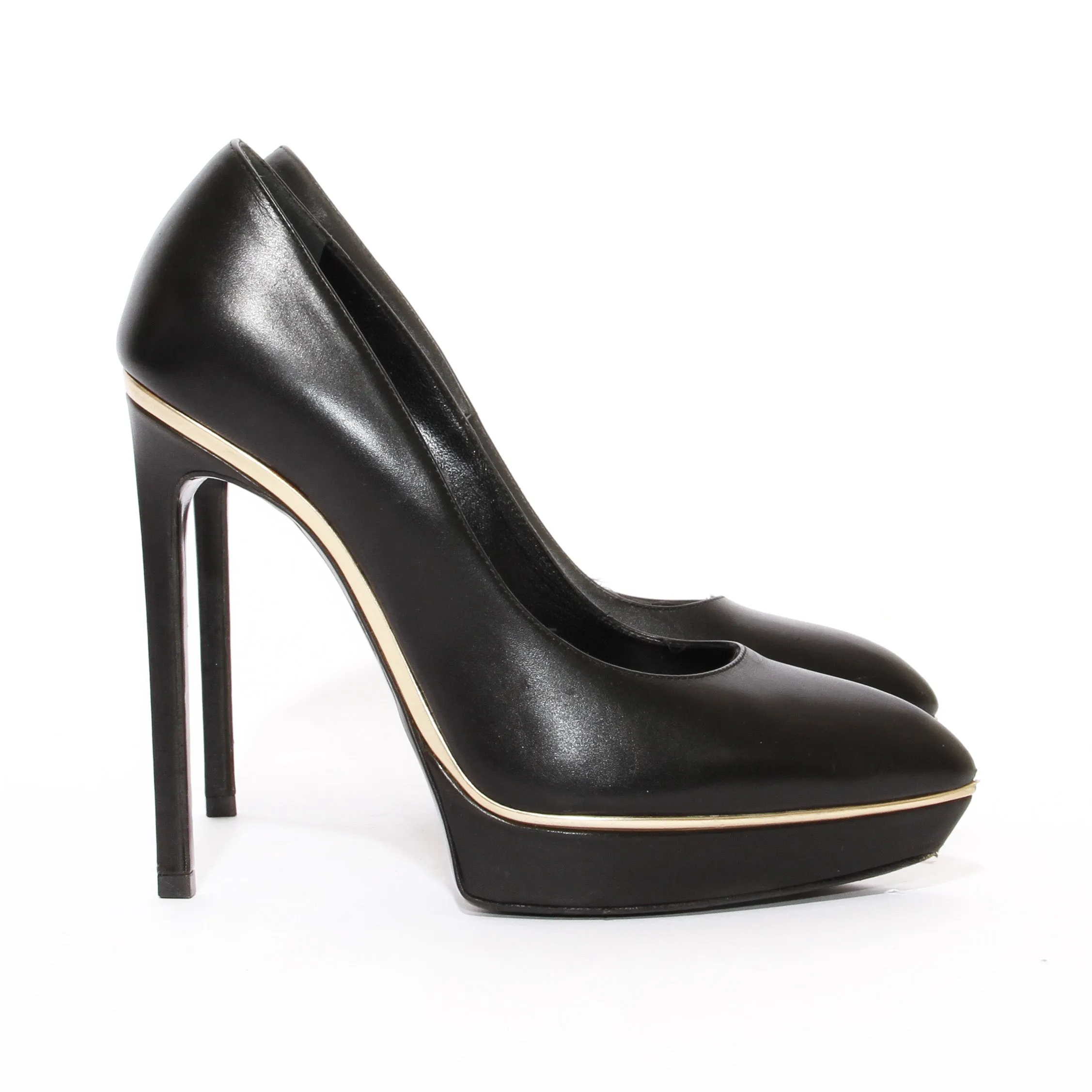 Black Leather and Gold Trim Platform Pumps