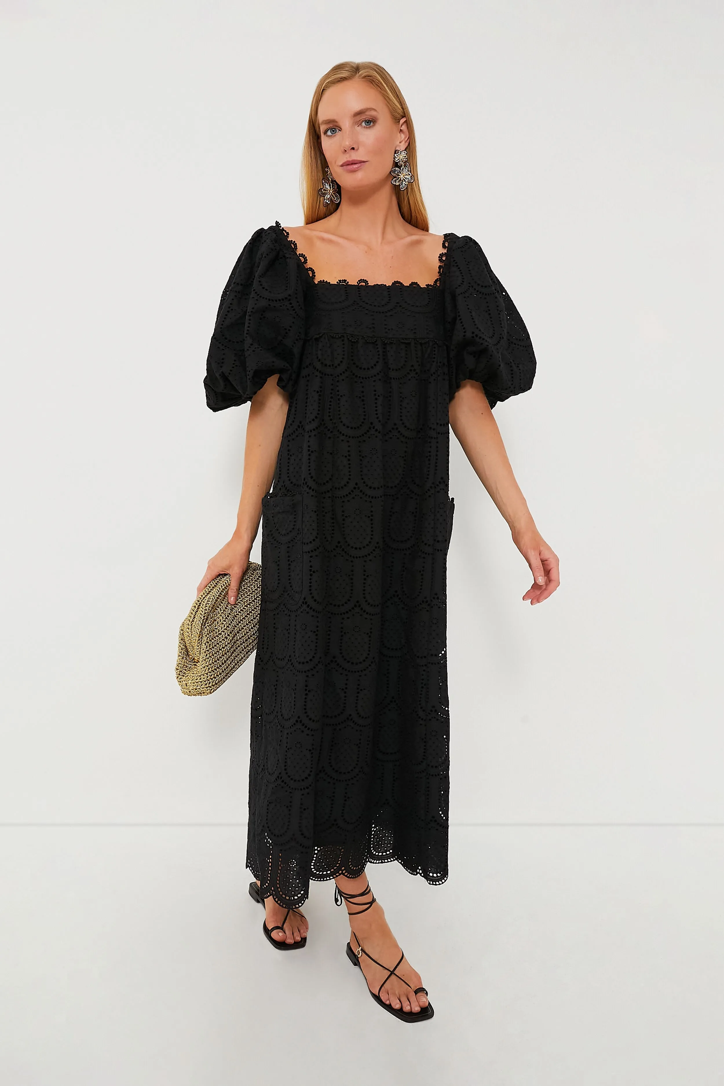 Black Pineapple Cotton Eyelet Maxi Dress