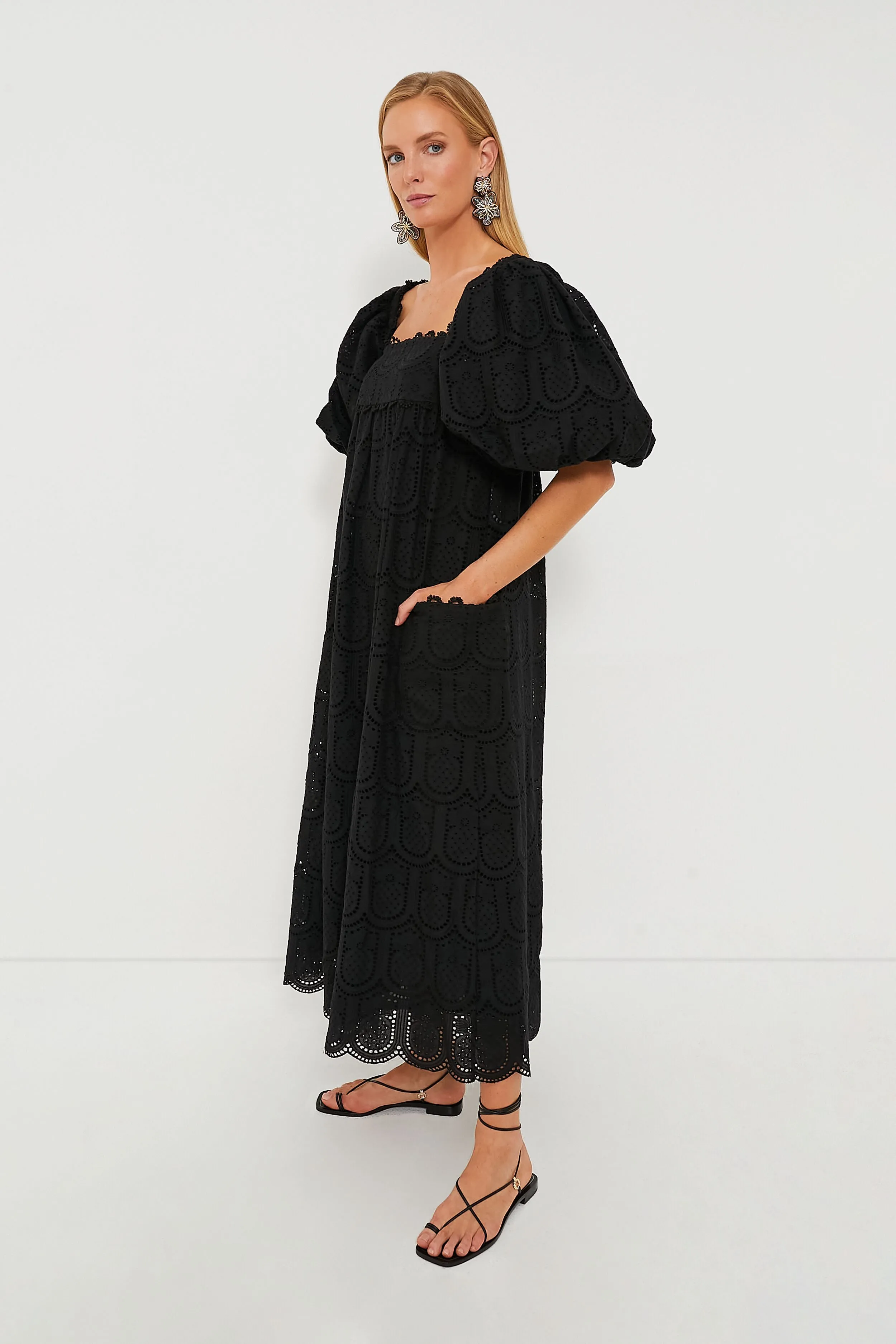 Black Pineapple Cotton Eyelet Maxi Dress