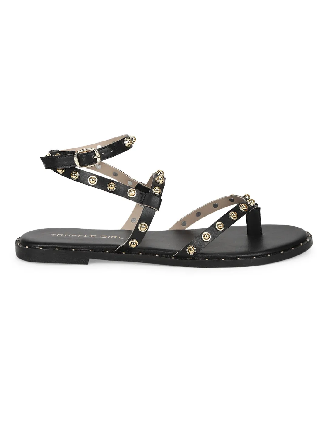 Black PU Studded Flat Sandals (TC-ST-1209-BLK)