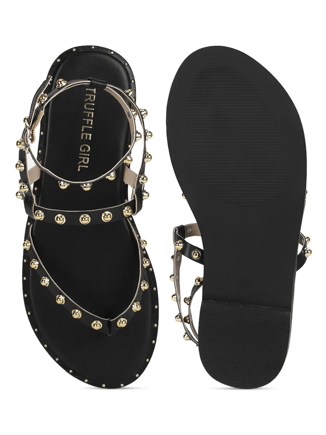 Black PU Studded Flat Sandals (TC-ST-1209-BLK)