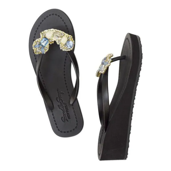 Blue York- Crystal Rhinestone Embellished Mid Wedge Flip Flops Sandal