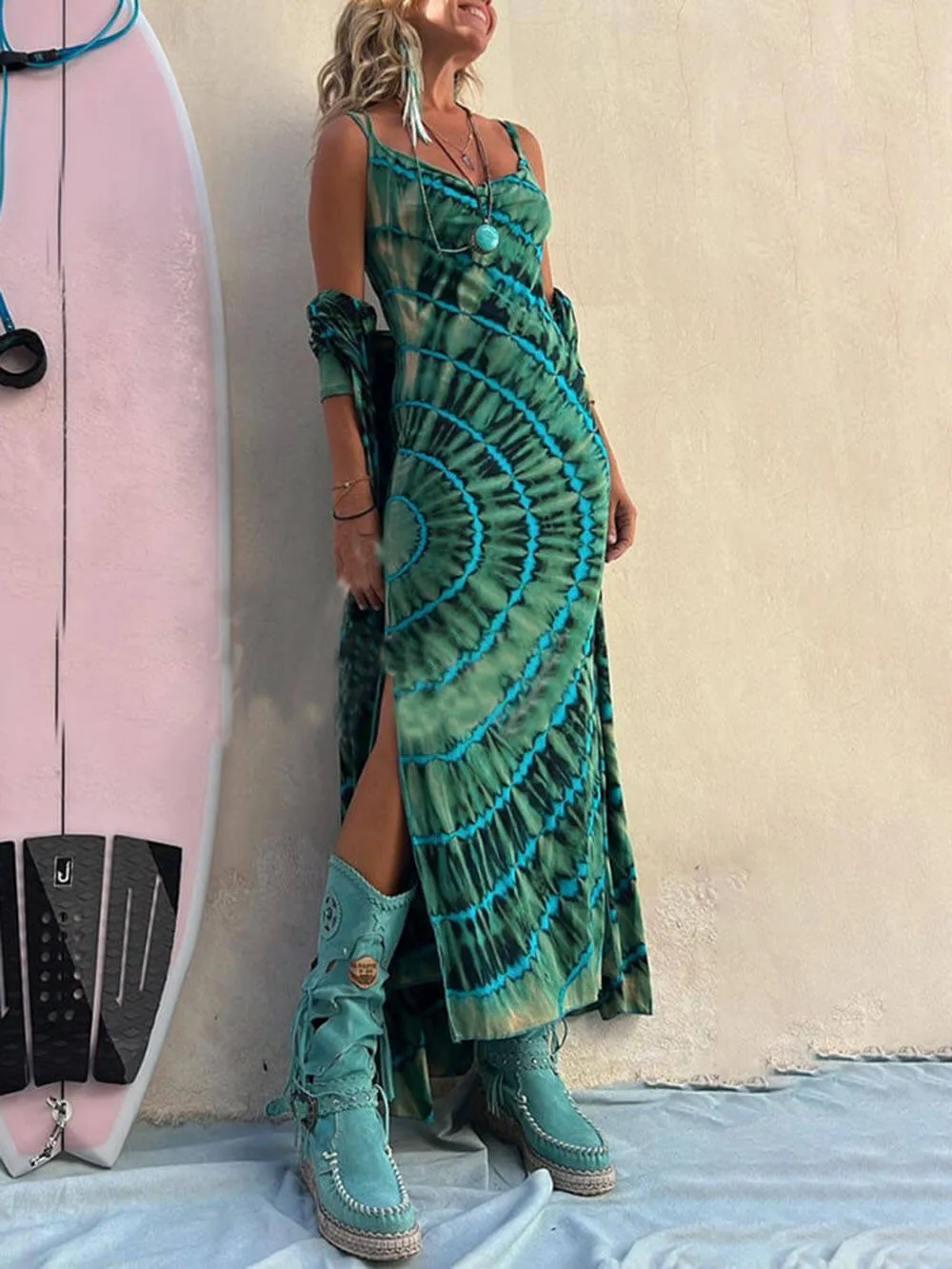 Boho Tie-dye Print Charming Slit Midi Dress