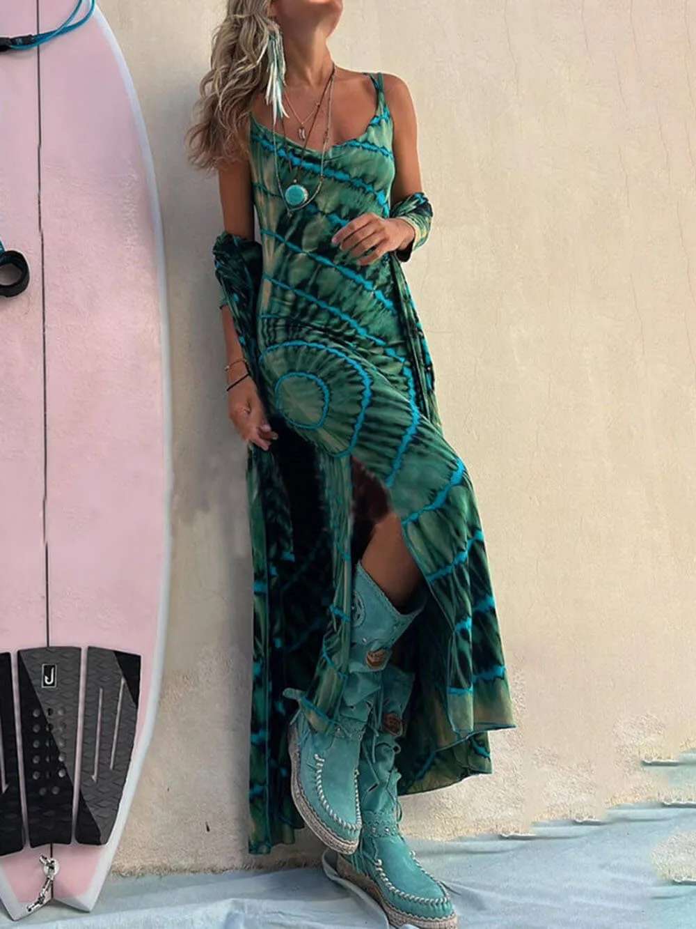 Boho Tie-dye Print Charming Slit Midi Dress