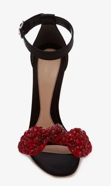 Bow Embroidered Sandals, Black and Red