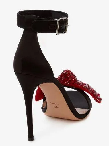 Bow Embroidered Sandals, Black and Red