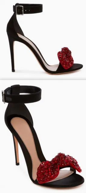 Bow Embroidered Sandals, Black and Red