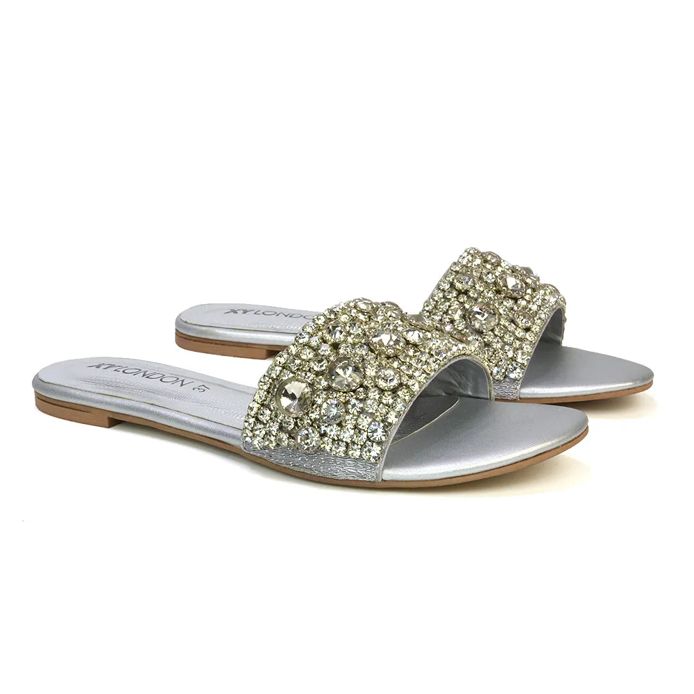 Brielle Metallic Slip On Diamante Flat Sandal Sliders in Gold