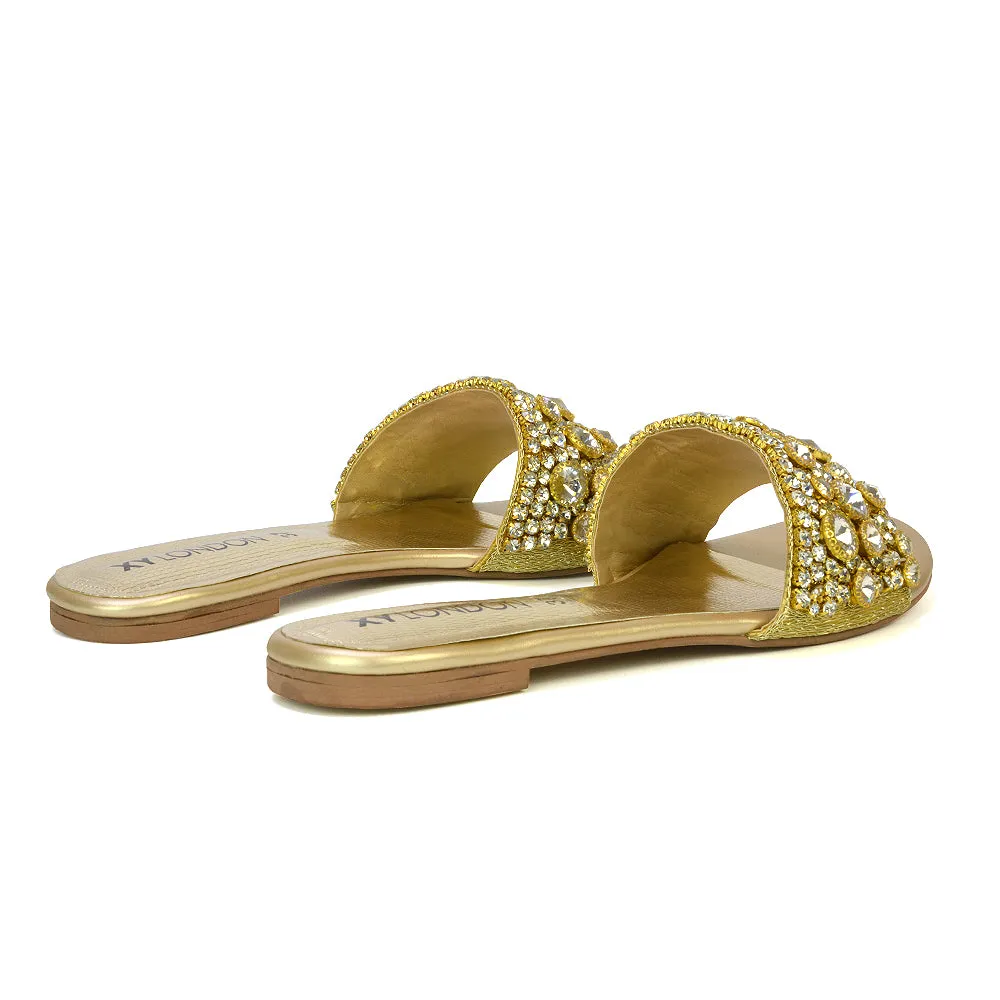 Brielle Metallic Slip On Diamante Flat Sandal Sliders in Gold