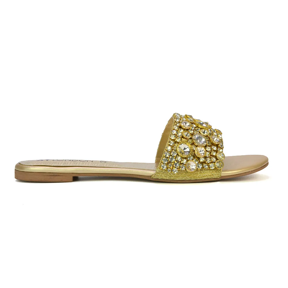 Brielle Metallic Slip On Diamante Flat Sandal Sliders in Gold