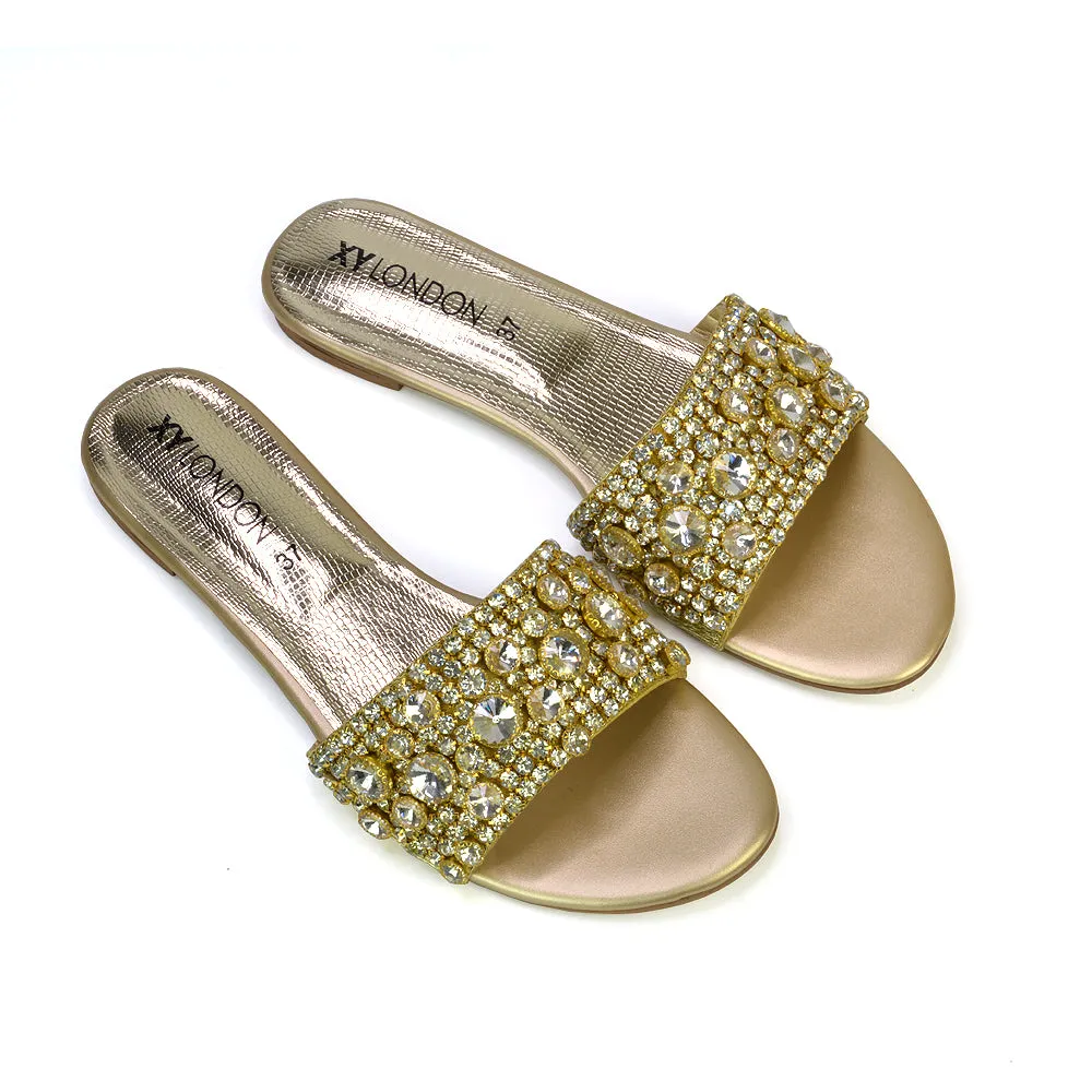 Brielle Metallic Slip On Diamante Flat Sandal Sliders in Gold