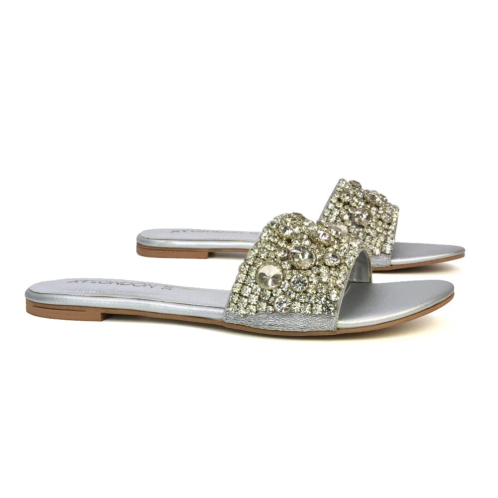 Brielle Metallic Slip On Diamante Flat Sandal Sliders in Gold