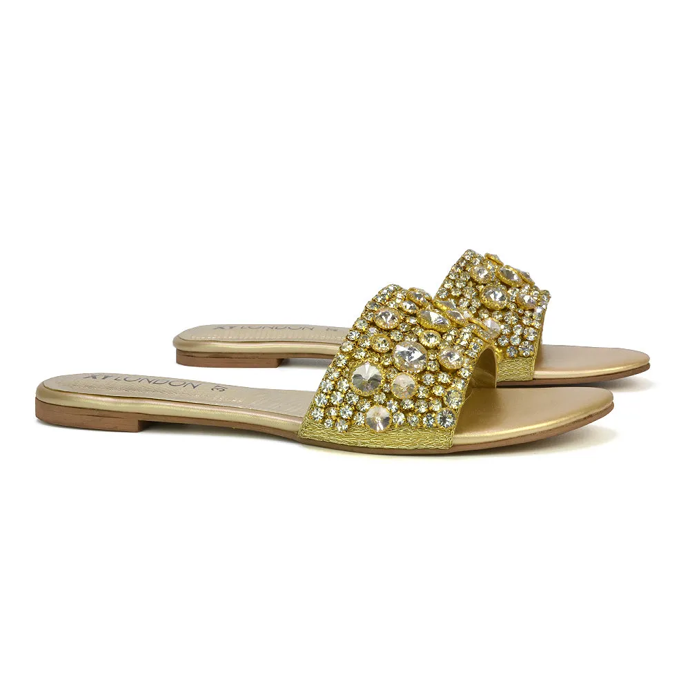 Brielle Metallic Slip On Diamante Flat Sandal Sliders in Gold