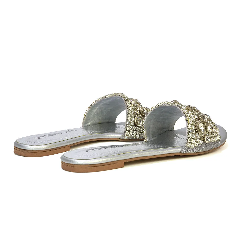 Brielle Metallic Slip On Diamante Flat Sandal Sliders in Gold