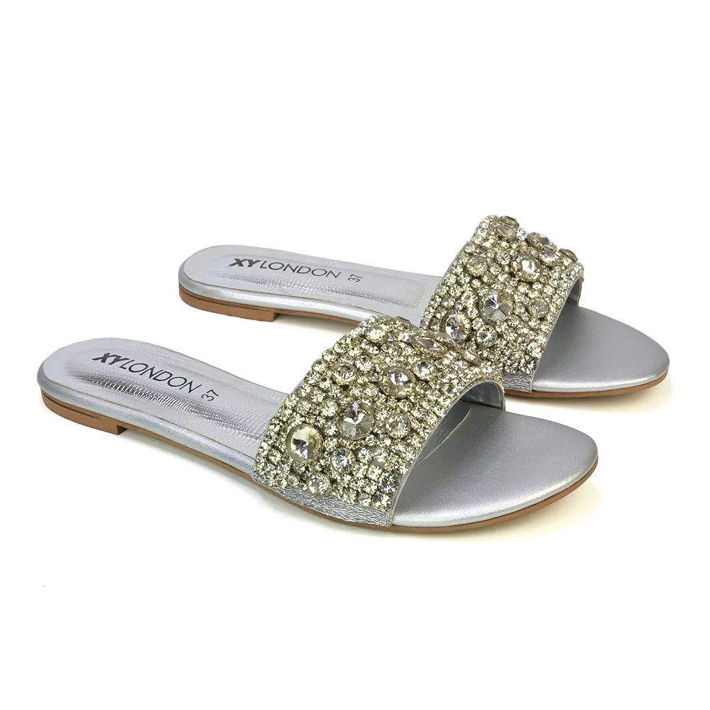 Brielle Metallic Slip On Diamante Flat Sandal Sliders in Gold