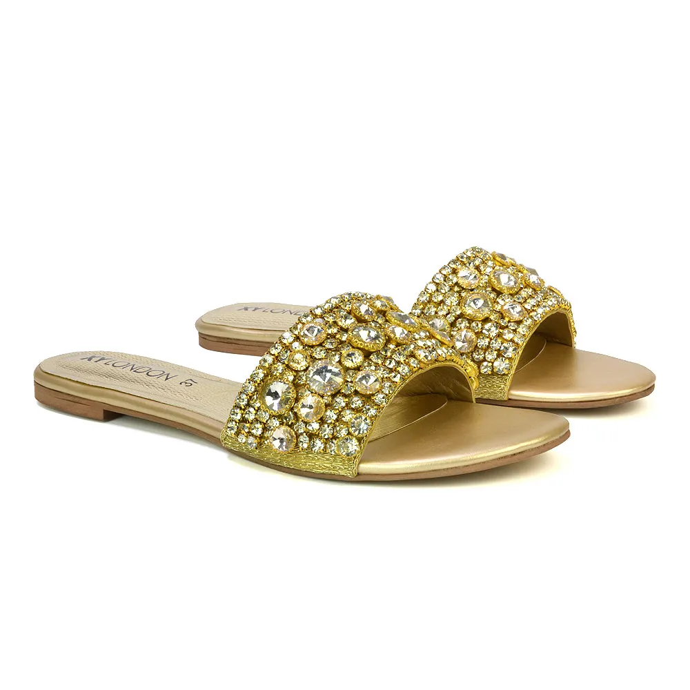 Brielle Metallic Slip On Diamante Flat Sandal Sliders in Gold