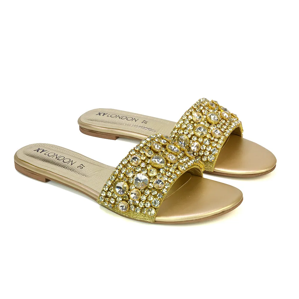 Brielle Metallic Slip On Diamante Flat Sandal Sliders in Silver