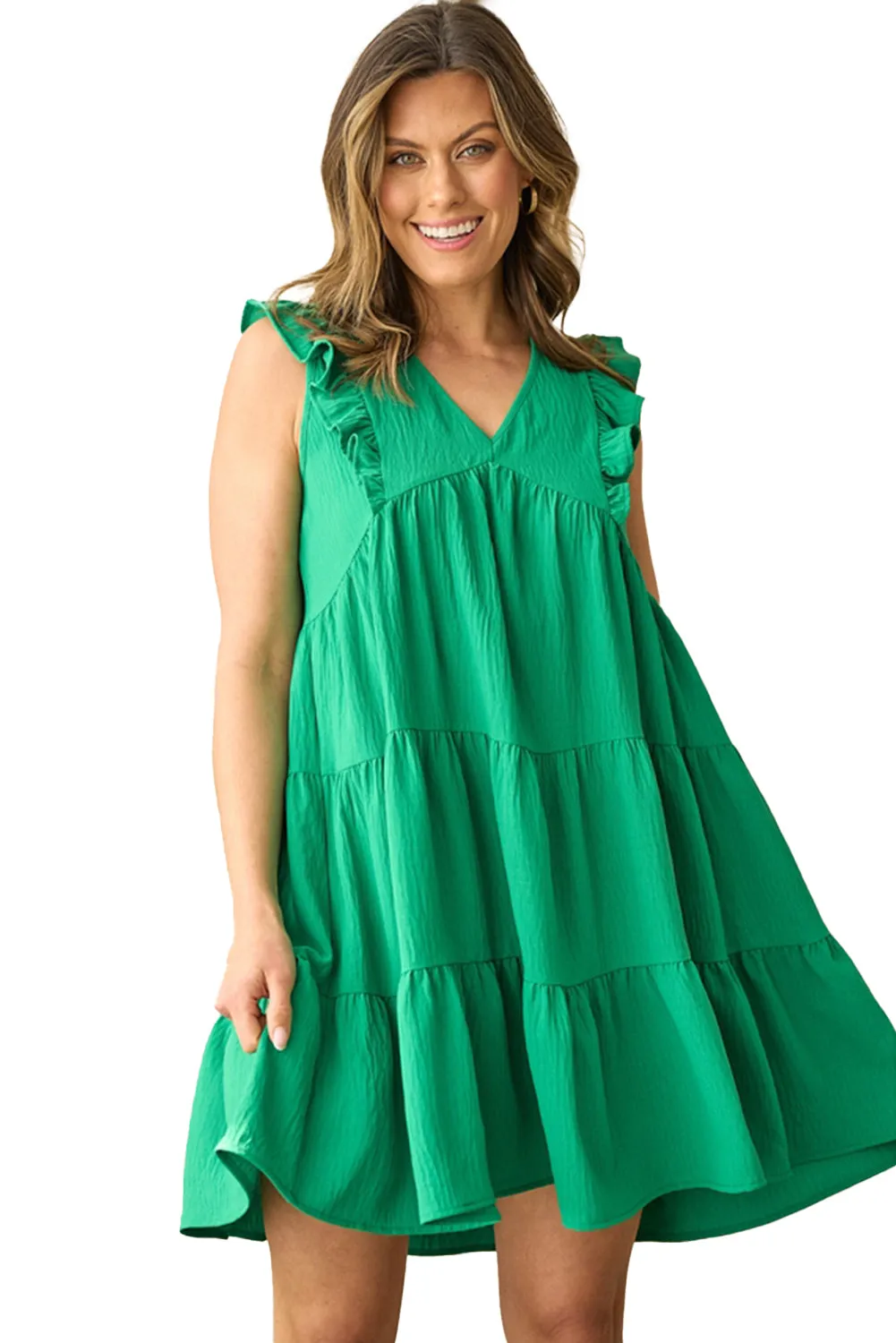 Bright Green V-Neck Ruffle Tiered Mini Dress